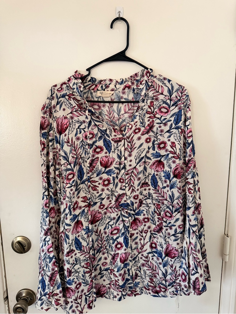 Style & Co. Floral Button-Front Blouse in Pink & Blue on Cream